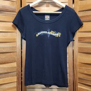 Harley Davidson Black Short Sleeve T-Shirt Women L Cotton Floral